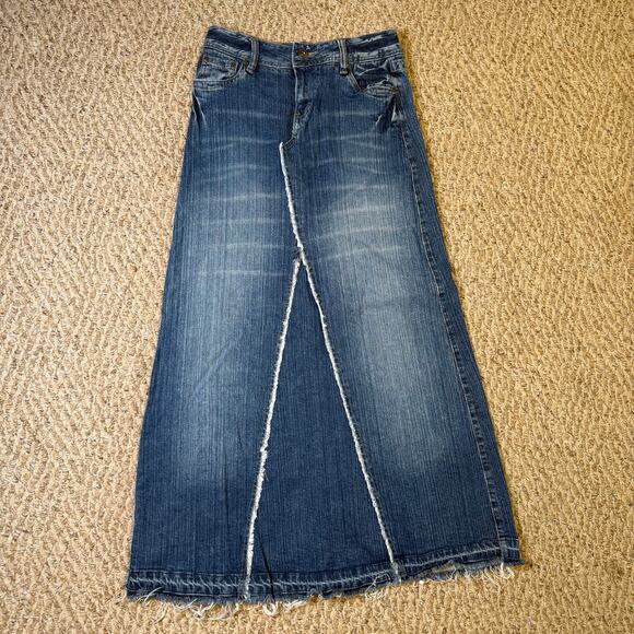 Vtg Mudd Long Y2K Frayed Raw Bottom Hem Women's Blue Denim Jeans Skirt 90s Sz 0 - Picture 1 of 8